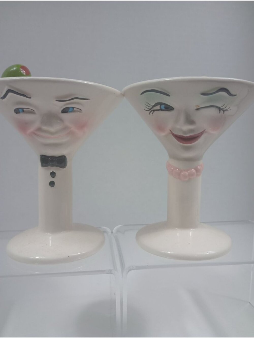 Vintage  1997 Male and Female Winking Clay Art Martini Glass Salt and Pepper Sha